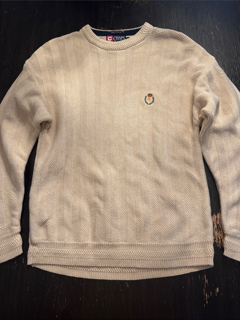 Vintage Chaps Men's Crewneck Sweater in Beige with Embroidered Crest